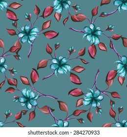 Pattern made from watercolor branches and flowers. Vector illustration