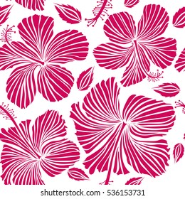 Pattern in magenta colors with tropic summertime motif may be used as texture, wrapping paper, textile design. Vector seamless pattern of tropical hibiscus flowers, dense jungle. Hand painted.