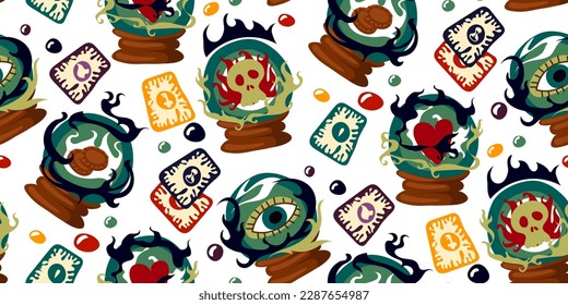 A pattern with magic balls and fortune-telling cards. A crystal ball on a stand, an attribute of a magician guessing on the balls of a skull, love, eye, wealth. For printing gift packaging. Halloween