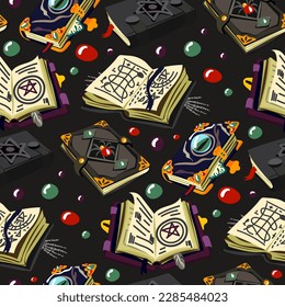 Ein Muster mit magischen Büchern und verschiedenen Details. Aufzeichnungen über Alchemie, alte Bände mit esoterischen Rezepten und mystischen Charmen. Geeignet für den Druck auf Textilien und Papier. Geschenkverpackung zu Halloween