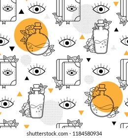 Pattern with magic elements. Seamless vector background. Halloween.