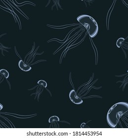 Pattern of magic glowing jellyfish underwater. Undersea world. Flock of jellyfishes swimming in ocean. Vector illustration.