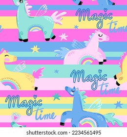  pattern with magic horses on line. Background for textile, fabric, stationery, kids, wrapping paper, clothes and other designs.