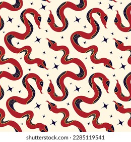 Pattern with Magic Mystical snakes. Freaky quirky snakes . Trendy modern illustration doodle style.