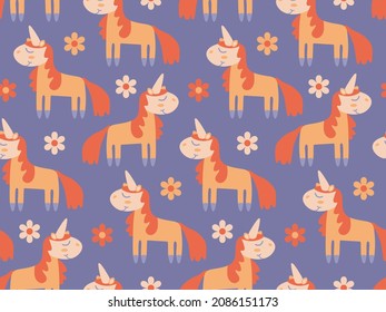 Pattern with magic ponies unicorns. Print with orange horses and flowers on delicate lilac background for girls fabrics design. Adorable filly doze happily positively. Cute animals dream of autumn. 