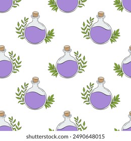 Pattern with magic purple flasks bottles, doodle hand drawn in boho style with leaves, on white background. Vector illustration