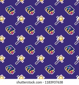 Pattern magic spellbook and magic wand on dark blue background. Witchcraft, magic, sorcery, fairy tale seamless pattern