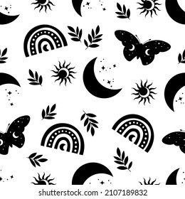 Pattern with magical crescent moon, boho butterfly and leaves. Black and white mystical vector illustration. Witch art with esoteric elements. Use for card, t-shirt print, astrology, tarot poster.