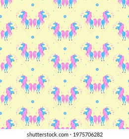 A pattern with magical fairy-tale unicorns in the heart pose.