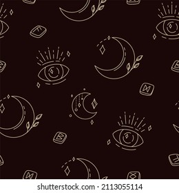 Muster mit magischen Symbolen von boho esotericismus mystische handgezeichnete Elemente Stein Kristalle. In goldener Farbe auf schwarzem Hintergrund. Magische Vektorelemente