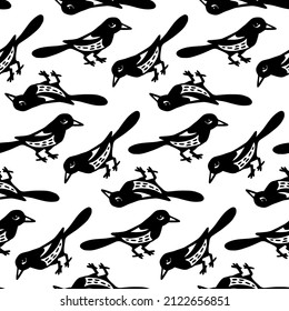 Pattern with magpie bird is symbol of good luck. Seamless wallpaper with hand drawn forest animals. Black and white cartoon doodle. Cute flat vector two color illustration for kids. 
