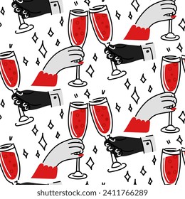 The pattern of male and female hands clinking glasses. Hands holding wine glasses, clinking champagne glasses. Seamless pattern modern vector illustration in flat doodle style.