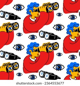 The pattern is a man with binoculars in search. The concept of choosing a path, the search for an alternative. A man or a student looks through binoculars and looks for something. private detective