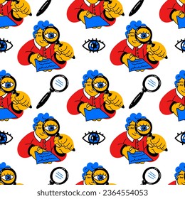 Pattern A man with a magnifying glass checks the record. The concept of finding errors. A man or a student looks at the sheet through a magnifying glass. People search agency, vacancies, detective