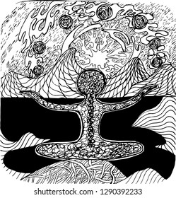 Pattern of a man meditating on nature and planets. Everything plays with patterns in the psychedelic game of life.