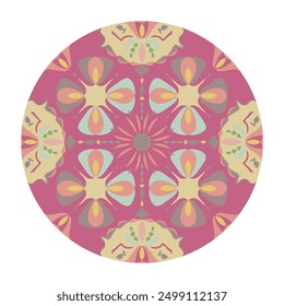 Pattern. Mandala. Abstract. Colors pink, yellow, brown, orange, blue, green.