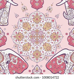 Pattern with mandala and elephant. Geometric circle element made in vector. For cards, background and sites. Kaleidoscope, medallion, yoga, India, arabic