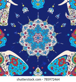 Pattern with mandala and elephant. Geometric circle element made in vector. For cards, background and sites. Kaleidoscope, medallion, yoga, India, arabic