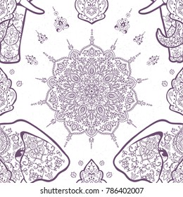 Pattern with mandala and elephant. Geometric circle element made in vector. For cards, background and sites. Kaleidoscope, medallion, yoga, India, arabic
