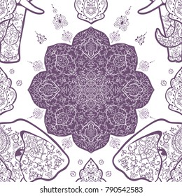 Pattern with mandala and elephant. Geometric circle element made in vector. For cards, background and sites. Kaleidoscope, medallion, yoga, India, arabic