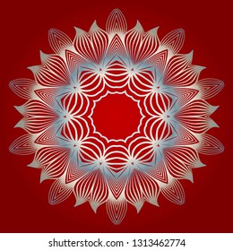 Pattern Of Mandala. Vector Illustration. Modern Decorative Floral Color Mandala. Decorative Circle Ornament. Floral Design. Red white silver colour