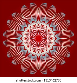 Pattern Of Mandala. Vector Illustration. Modern Decorative Floral Color Mandala. Decorative Circle Ornament. Floral Design. Red white silver colour