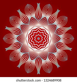 Pattern Of Mandala. Vector Illustration. Modern Decorative Floral Color Mandala. Decorative Circle Ornament. Floral Design. Red white silver colour