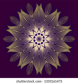 Pattern Of Mandala. Vector Illustration. Modern Decorative Floral Color Mandala. Decorative Cicle Ornament. Floral Design. Purple gold color.