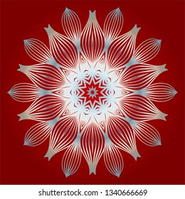 Pattern Of Mandala. Vector Illustration. Modern Decorative Floral Color Mandala. Decorative Circle Ornament. Floral Design. Red white silver colour