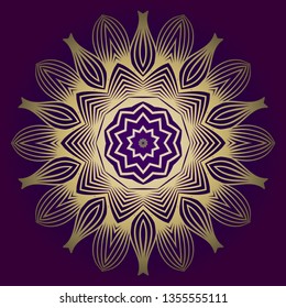 Pattern Of Mandala. Vector Illustration. Modern Decorative Floral Color Mandala. Decorative Cicle Ornament. Floral Design. Purple gold color.