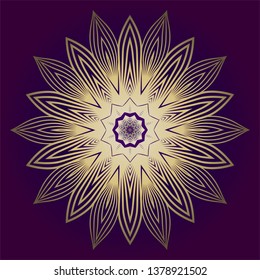 Pattern Of Mandala. Vector Illustration. Modern Decorative Floral Color Mandala. Decorative Cicle Ornament. Floral Design. Purple gold color.