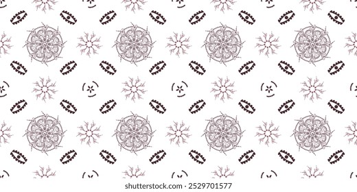 Pattern with mandalas and eye symbols. Seamless background. Pattern on a white isolated background