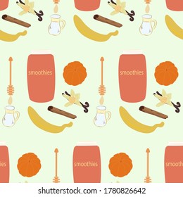 Pattern - Mandarin cocktail, ingredients, peeled banana, tangerine, vanilla, honey - vector. Healthy Eating.