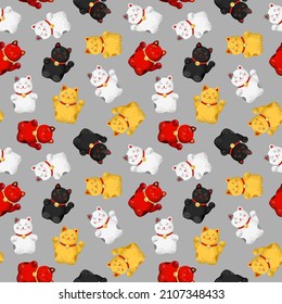 Pattern maneki neko cat black, white, red china in japanese style on grey background. Seamless animal print. Vector art illustration. Japanese traditional design.