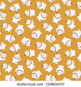 Patrón maneki neko cat china en estilo japonés con fondo gris. Impresión animal sin foco. Ilustración de arte vectorial. Diseño tradicional japonés.