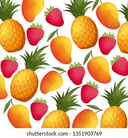 pattern of mangoes with strawberries and pineapples