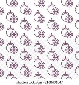 Pattern of Mangosteen in purple color on transparent background(PNG) with mini doodles(icons). Vector Illustration