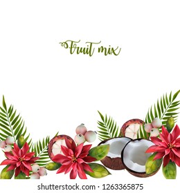 Pattern of mangosteen and red flowers on a white background. Pattern with text.