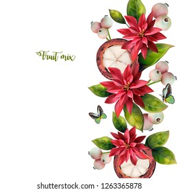 Pattern of mangosteen and red flowers on a white background. Pattern with text.