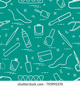 Pattern of manicure and pedicure tools and products for beauty and care. Design for banner, poster or print.