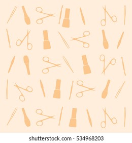 pattern manicure tools on a yellow background. Vector illustration.  Manicure tools card.