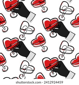 Pattern is a man's hand with a heart-shaped glass. An empty and full glass. Seamless pattern of wedding champagne glasses. Valentine's Day, romantic date on a white background