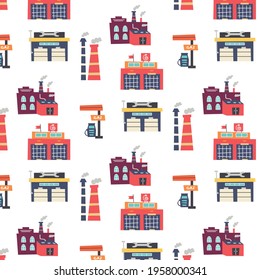 Pattern with manufactory buildings factory, machine shop, chimney, gasoline filling station. Nursery digital paper, vector hand drawn illustration