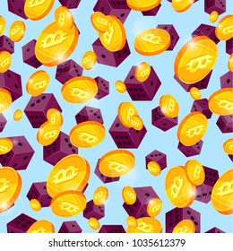 Pattern with many bones, dices and coins, bitcoins, vector flat cartoon 3d illustration isolated on blue sky background, repeat pattern