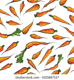 Pattern with many carrots, hand drawn style, vector cartoon illustration isolated on white background