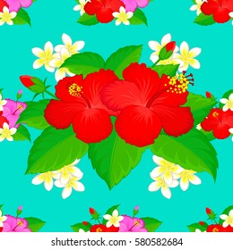 Pattern with many cute flowers. Watercolor painting of abstract motley flowers. Vector on a blue background.