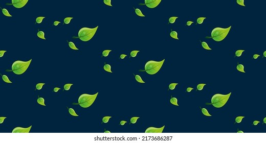 Pattern of Many Dewy Green Leaves of Various Sizes and Orientation on Dark Background - Design, Texture, Wallpaper Template for Web in Editable Vector Format