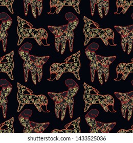 Pattern many foxes in different positions and mushrooms