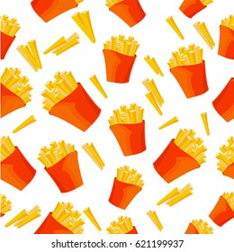 Pattern with many French fries.  Vector illustration isolated on white background.