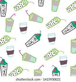 Pattern of many glass of juice, coffee, tee and other drinks. Bright doodle background